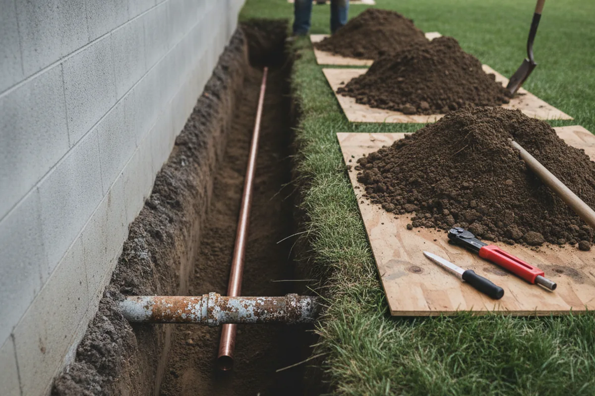 Excavated water line trench during Water Softener Installation in Eagle Rock